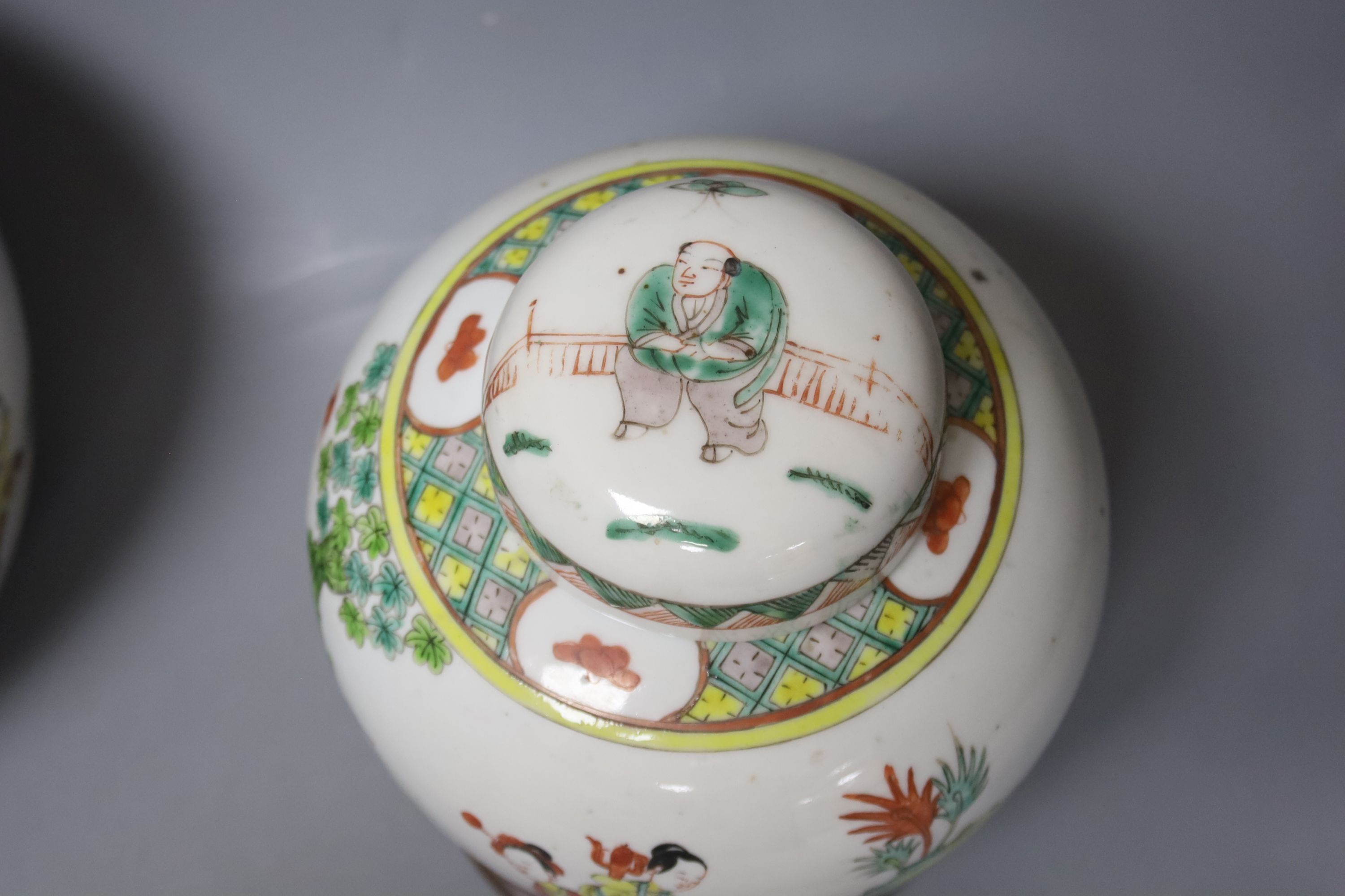 Three large 20th century Chinese porcelain famille verte jars and covers, tallest 21cm